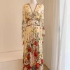 Elegant 2024 V-neck Beaded Green Flower Print Silk Dress with Ruffles