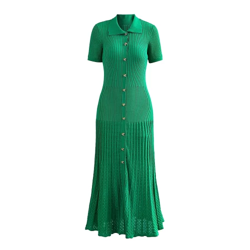 2024 Spring Summer French Style Women's Knitted Maxi Dress - Polo Neck, Short Sleeve